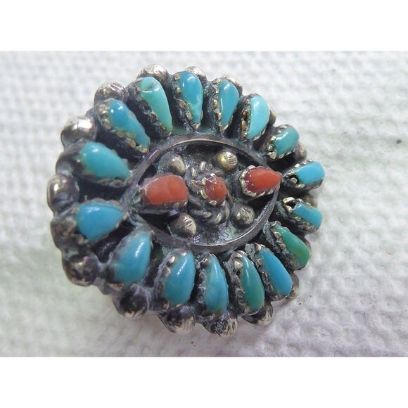 Zuni Native American Turquoise & Coral Cluster Ring Size 7 - Picture 7 of 7